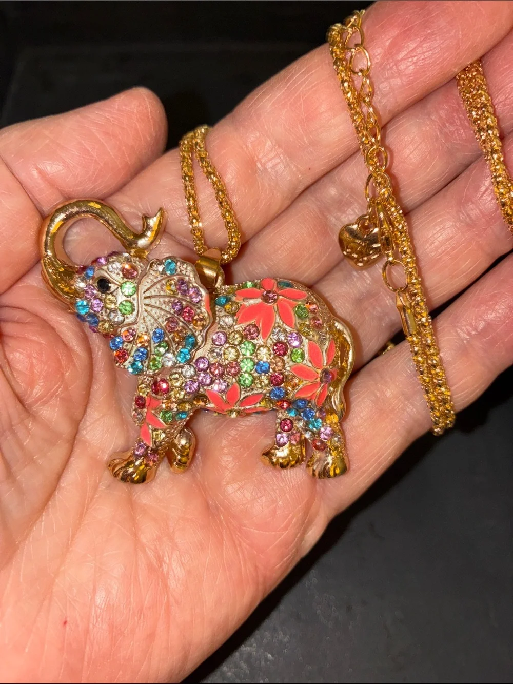 Multicolor Elephant Pendant Necklace - Floral Crystal Accent and Gold Tones